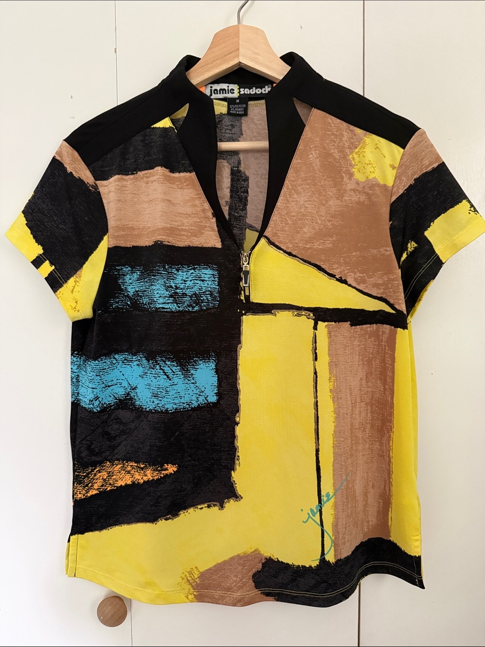 jamie sadock Yellow Abstract Color-Block Short Sleeve Golf Top M Activewear